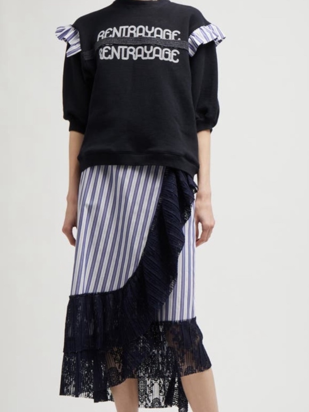 Rentrayage Logo Graphic Ruffle Sweatshirt Black Blue Striped Pullover